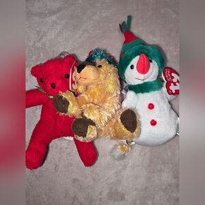 Holiday Ty Stuffed Animals Red Bear, Yellow Dog, and Snowman Trio